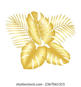 Vector decoration with shiny golden palm leaves. Golden tropical leaf. For packaging cosmetics, perfumes, postcards, invitation to the wedding, covers, tourism, patch printing, home decor.