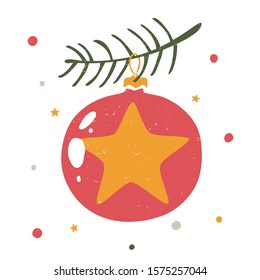 Vector Сhristmas decorations. Cozy Christmas ball on a twig and confetti. Can be used for poster, greeting card, invitation or decoration. Vector hand drawn illustration