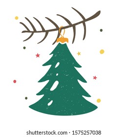 Vector Сhristmas decorations. Cozy glass Christmas tree on a twig and confetti. Can be used for poster, greeting card, invitation or decoration. Vector hand drawn illustration