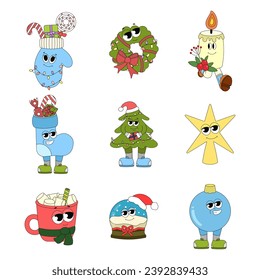 
Vector decorations, elements for the New Year. Funny Christmas stickers in retoro, hippie, vintage style. Elements for your designs on a white isolated background. Designer jewelry. EPS10