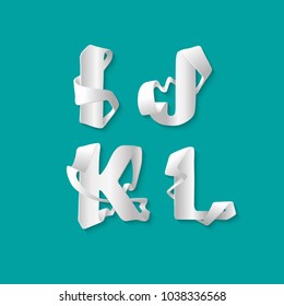Vector decorative 3d alphabet isolated set of uppercase letters. White elegant letter I, J, K, L. Font of interlocking ribbons. Capital characters are either cut from paper or plastic.