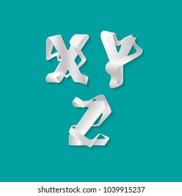 Vector decorative 3d alphabet isolated set of uppercase letters. White elegant letter X, Y, Z. Font of interlocking ribbons. Capital characters are either cut from paper or plastic.
