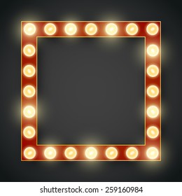 Vector decorative 3d volumetric  frame background lit up with electric bulbs. Retro style vector