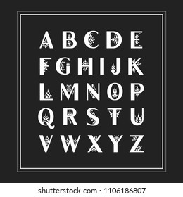 Vector decorative alphabet. Sans serif capital letters decorated with vintage flourishes on a black background. For initials, monograms, wedding design.