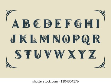 Vector decorative alphabet. Serif capital letters decorated with vintage flourishes. For initials, monograms, wedding design.