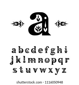 Vector decorative alphabet. Serif lowercase letters decorated with vintage flourishes. For initials, monograms, wedding design.