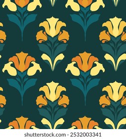 Padrão de arte nouveau decorativo vetorial com íris, lírios e freesias. Textura com flores amarelas e laranja em fundo verde. Design de superfície floral para tecidos e papel de embrulho