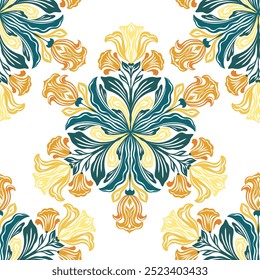 Vetor arte decorativa nouveau padrão sem costura com mandalas de íris e freesias. Textura de traçaria com flores amarelas florescendo. Design de superfície floral para tecido e papel de parede