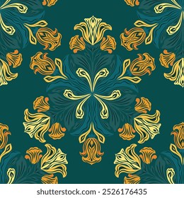 Vetor arte decorativa nouveau padrão sem costura com mandalas de íris e freesias em fundo verde. Textura ornamental com flores amareladas. Design de superfície floral para tecido e papel de parede