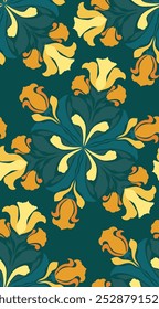 Vetor arte decorativa nouveau padrão sem costura com mandalas de íris e freesias em fundo verde. Design de superfície floral para tecido e papel de parede. Textura ornamental com flores amarelas floridas