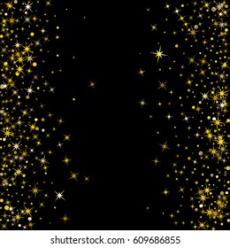 Vector decorative astral pattern design for card or banner. Glowing golden star and circle sparkles border or frame for text on black background. 