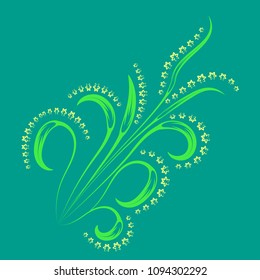 Vector decorative asymmetrical pattern for an ornament of a bodyart tattoo with long stems with lines of curls of yellow stars on an aquamarine background.