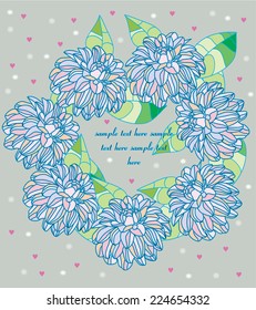 vector decorative background with flowers in a circle on a gray background with text and hearts