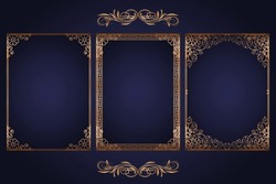 Vector Decorative Background With Gold Frames. Golden Frame On Luxury Blue.