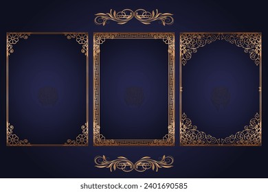 Vector decorative background with gold frames. Golden frame on luxury blue.