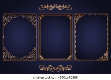 Vector decorative background with gold frames. Golden frame on luxury blue.