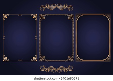 Vector decorative background with gold frames. Golden frame on luxury blue.