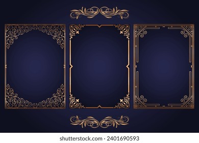 Vector decorative background with gold frames. Golden frame on luxury blue.