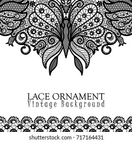 Vector decorative background with lace design and place for text. Black and white floral pattern with decorative flowers, leaves and butterfly. Lacy vintage ornament