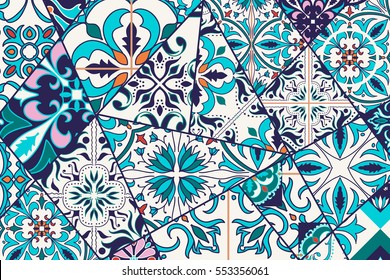 Vector decorative background. Mosaic patchwork pattern for design and fashion. Portuguese tiles, Azulejo, Moroccan ornaments 