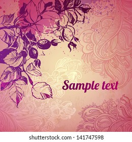vector decorative background plant foliage and wild rose. illustration drawn with ink and brush. texture of paper and blots. place for your text