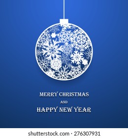 Vector decorative ball made of paper snowflakes on blue background. Isolated Christmas design element.