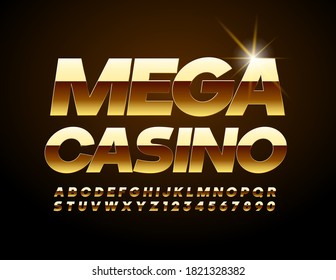 Vector decorative banner Mega Casino. Shiny elite Font. Glossy Gold Alphabet Letters and Numbers set