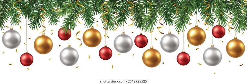 Vector decorative banner or seamless pattern with green branches and christmas ornaments and ribbons