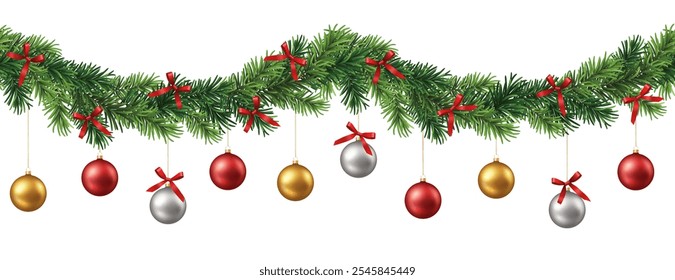 Banner decorativo vetorial ou padrão sem emenda com ramos verdes e ornamentos de Natal e fitas