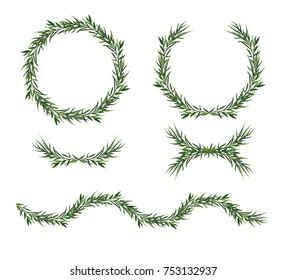 Vector, decorative big element set. Eucalyptus green Leaves round Wreath, greenery branches, garland, border, frame. Elegant designer watercolor objects. Isolated editable laurel foliage illustration
