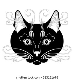 Vector Decorative Black Cat. Silhouette Cat's Head On White Background