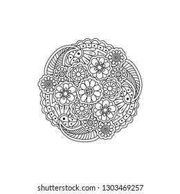 Vector decorative black floral mandala, patterned design element. Coloring book page anti stress for adults.