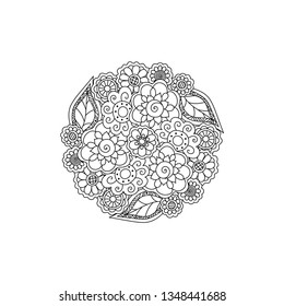 Vector decorative black floral mandala, patterned design element. Coloring book page anti stress for adults.