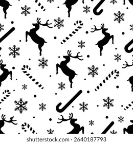 Vector decorative black and white Christmas and new year Seamless Pattern. Christmas ornamental silhouette deers, snowflakes and candy canes texture background holiday greeting card backdrop template.
