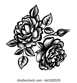 Vector decorative black-and-white bouquet of roses, stylized peony flowers