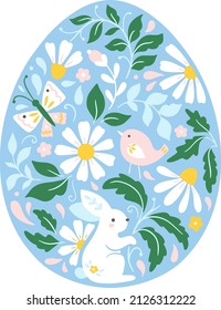 Vector Decorativo de Arte Popular Azul Ilustración de Huevo de Pascua con conejo de Pascua y flores