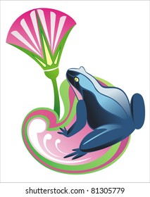 Vector decorative blue frog on ornamental lotus flower