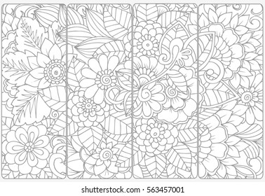 Vector decorative bookmarks set with monochrome floral pattern