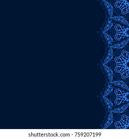 Vector decorative border from blue snowflakes on dark background. Greeting invitation card for Christmas, New Year