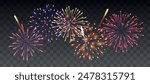 Vector decorative border with colorful exploding fireworks in the sky on transparent background - celebration card, festival banner