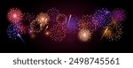 Vector decorative border with colorful exploding fireworks in the sky - celebration card, festival banner