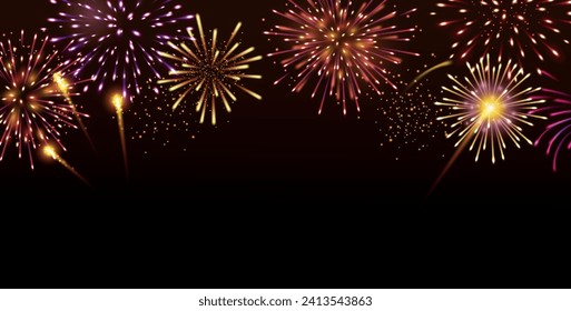 Vector decorative border with colorful exploding fireworks in the sky - celebration card, festival banner