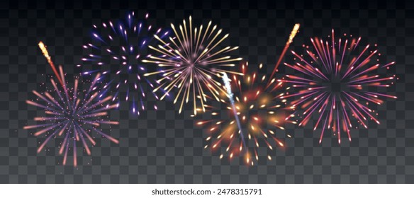 Vector decorative border with colorful exploding fireworks in the sky on transparent background - celebration card, festival banner