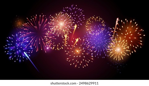 Vector decorative border with colorful exploding fireworks in the sky - celebration card, festival banner