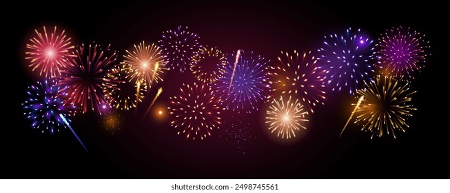 Vector decorative border with colorful exploding fireworks in the sky - celebration card, festival banner