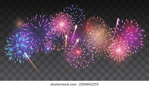 Vector decorative border with colorful exploding fireworks in the sky on transparent background - celebration card, festival banner