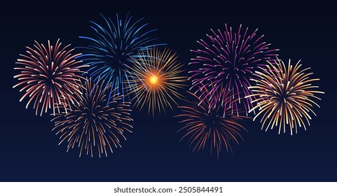 Vector decorative border with colorful exploding fireworks in the sky - celebration card, festival banner