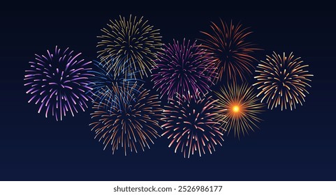 Vector decorative border with colorful exploding fireworks in the sky - celebration card, festival banner