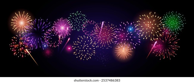 Vector decorative border with colorful exploding fireworks in the sky - celebration card, festival banner