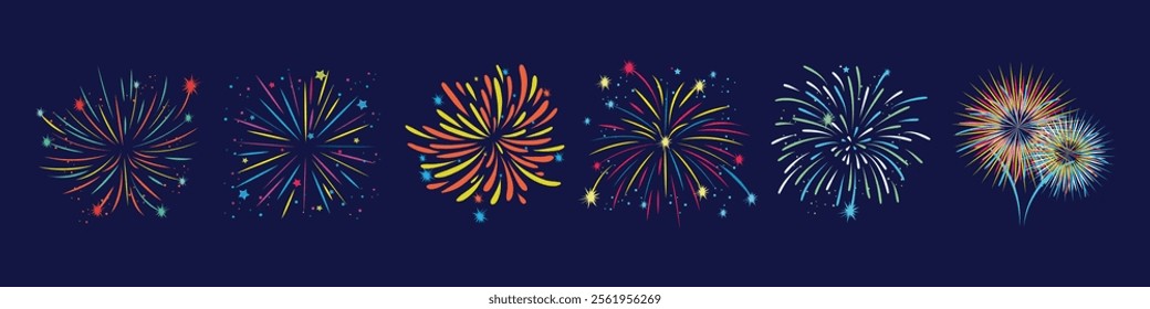 Vector decorative border with colorful exploding fireworks in the sky - celebration card, festival banner